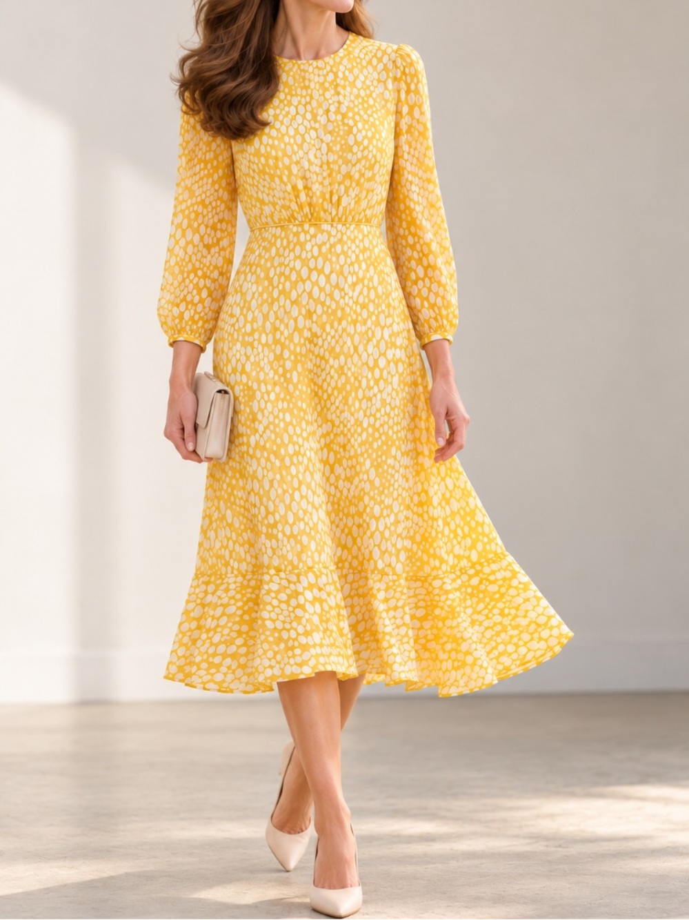 Hobbs London Lexi Yellow Spot Print Long Sleeve Ruffle Hem Midi Dress Size 8